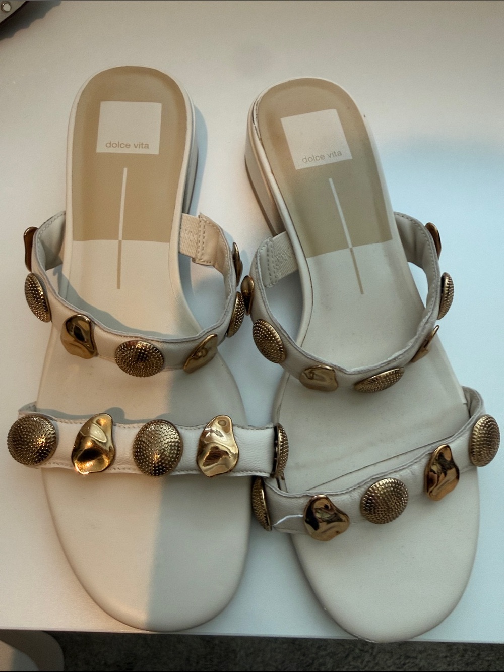 Dolce Vita White Slide Sandals with Gold Stud Embellishments